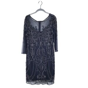 Prelude Navy Blue Beaded Sheer Long Sleeve Mesh Cocktail Knee Length Dress Sz 12